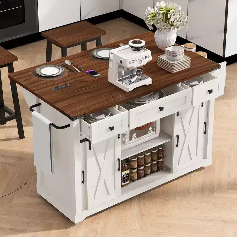 Whisen 58 Îlot de cuisine avec rangement, porte coulissante de style grange et porte latérale en grille métallique, étagère à épices