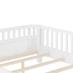 Lit plateforme jumeaux Bellemave avec barrière de sécurité détachable, coins arrondis, cadre en bois robuste, design ouvert sur le côté, montage facile, blanc