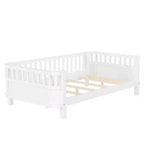 Lit plateforme jumeaux Bellemave avec barrière de sécurité détachable, coins arrondis, cadre en bois robuste, design ouvert sur le côté, montage facile, blanc