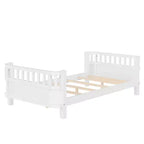 Lit plateforme jumeaux Bellemave avec barrière de sécurité détachable, coins arrondis, cadre en bois robuste, design ouvert sur le côté, montage facile, blanc
