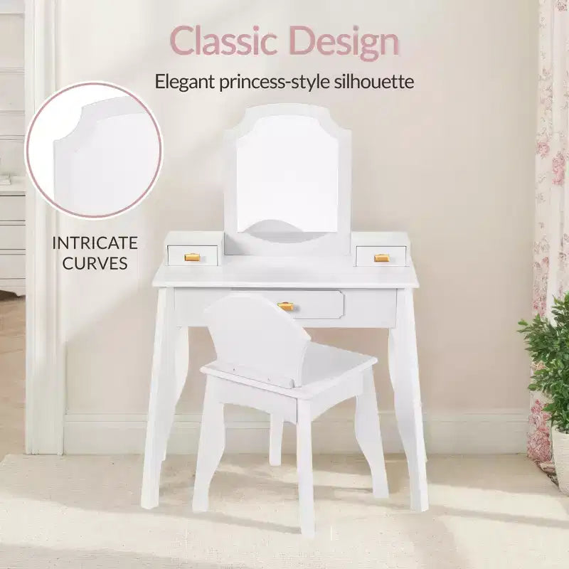 Coiffeuse et chaise en bois Best Choice Kids avec miroir, table de maquillage pour petites filles avec 3 tiroirs