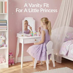 Coiffeuse et chaise en bois Best Choice Kids avec miroir, table de maquillage pour petites filles avec 3 tiroirs