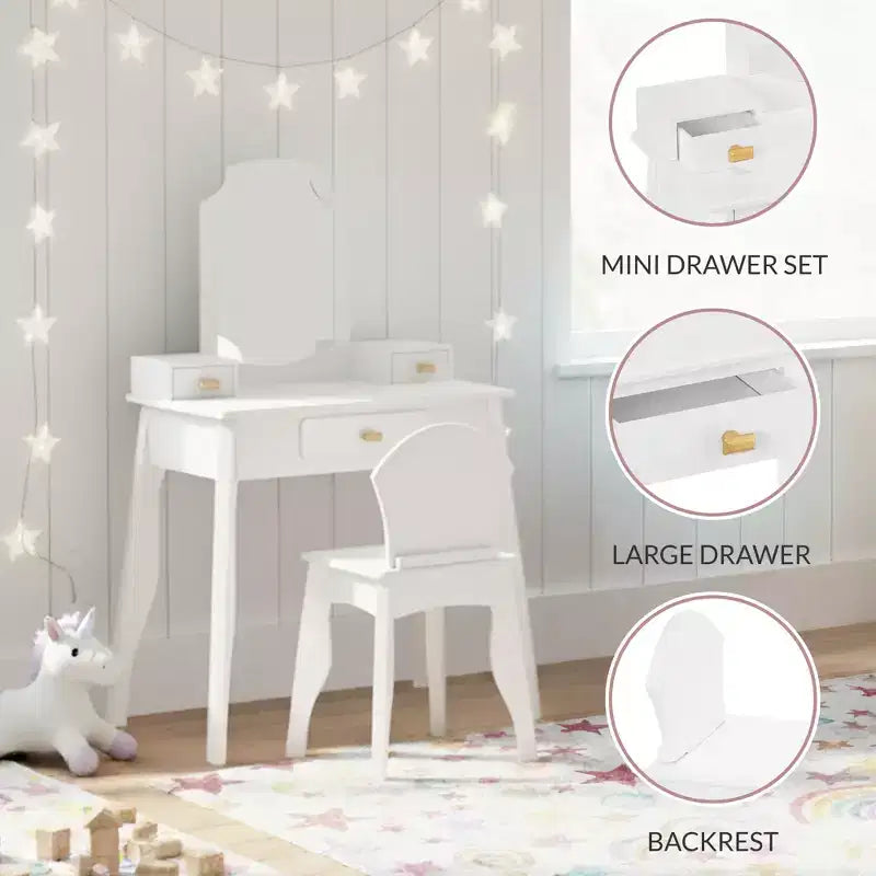 Coiffeuse et chaise en bois Best Choice Kids avec miroir, table de maquillage pour petites filles avec 3 tiroirs