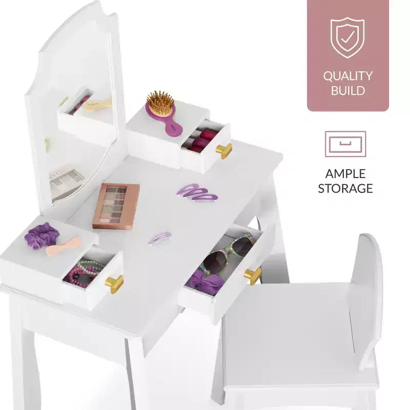 Coiffeuse et chaise en bois Best Choice Kids avec miroir, table de maquillage pour petites filles avec 3 tiroirs