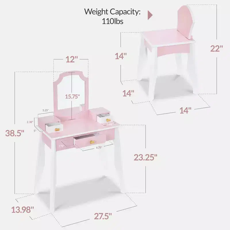 Coiffeuse et chaise en bois Best Choice Kids avec miroir, table de maquillage pour petites filles avec 3 tiroirs