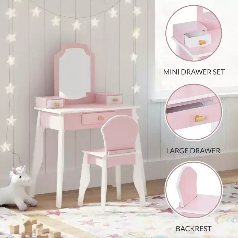 Coiffeuse et chaise en bois Best Choice Kids avec miroir, table de maquillage pour petites filles avec 3 tiroirs