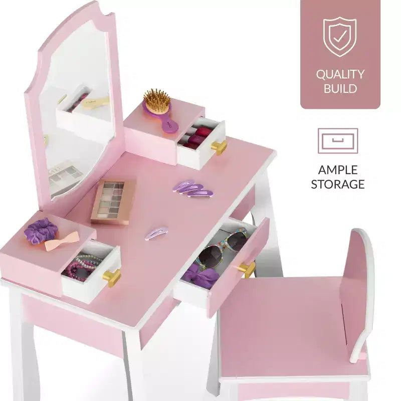 Coiffeuse et chaise en bois Best Choice Kids avec miroir, table de maquillage pour petites filles avec 3 tiroirs