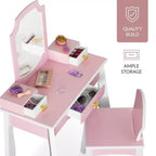 Coiffeuse et chaise en bois Best Choice Kids avec miroir, table de maquillage pour petites filles avec 3 tiroirs