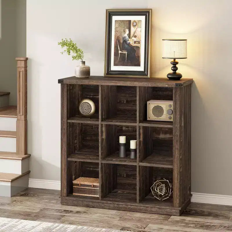9 Cube Storage Organizer Bookshelf, 4 Tier Farmhouse Horizontal Bookcase, 37.4 Inch Wood Storage Bookcase for Entryway, Bookshelves for Living Room