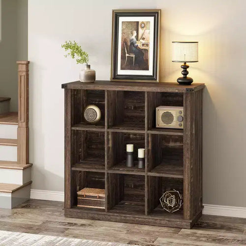 9 Cube Storage Organizer Bookshelf, 4 Tier Farmhouse Horizontal Bookcase, 37.4 Inch Wood Storage Bookcase for Entryway, Bookshelves for Living Room