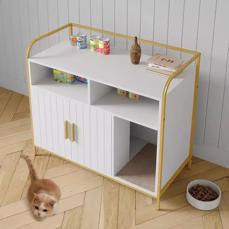 Bac à litière moderne en bois de 37,5 pouces avec étagère de rangement, design multifonctionnel de style meuble avec trous de ventilation, convient à la plupart des bacs à litière