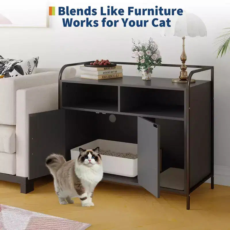 Bac à litière moderne en bois de 37,5 pouces avec étagère de rangement, design multifonctionnel de style meuble avec trous de ventilation, convient à la plupart des bacs à litière