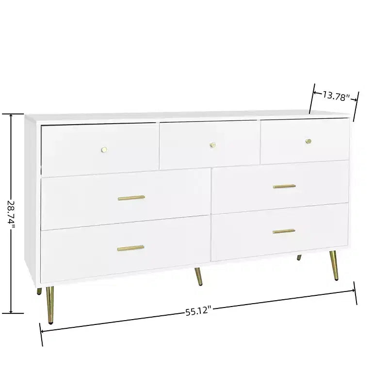 Commode 7 tiroirs avec poignées dorées et pieds en métal - Meuble de rangement élégant pour chambre, salon, organisateur pour vêtements, maquillage et effets personnels