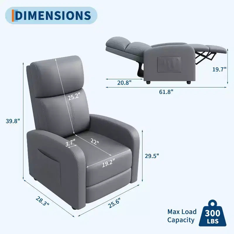Fauteuil inclinable pour adultes, fauteuil inclinable paresseux en cuir PU ergonomique réglable avec poche latérale, dossier haut, accoudoirs larges et siège rembourré