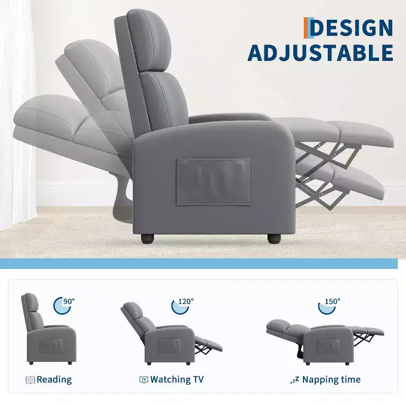 Fauteuil inclinable pour adultes, fauteuil inclinable paresseux en cuir PU ergonomique réglable avec poche latérale, dossier haut, accoudoirs larges et siège rembourré