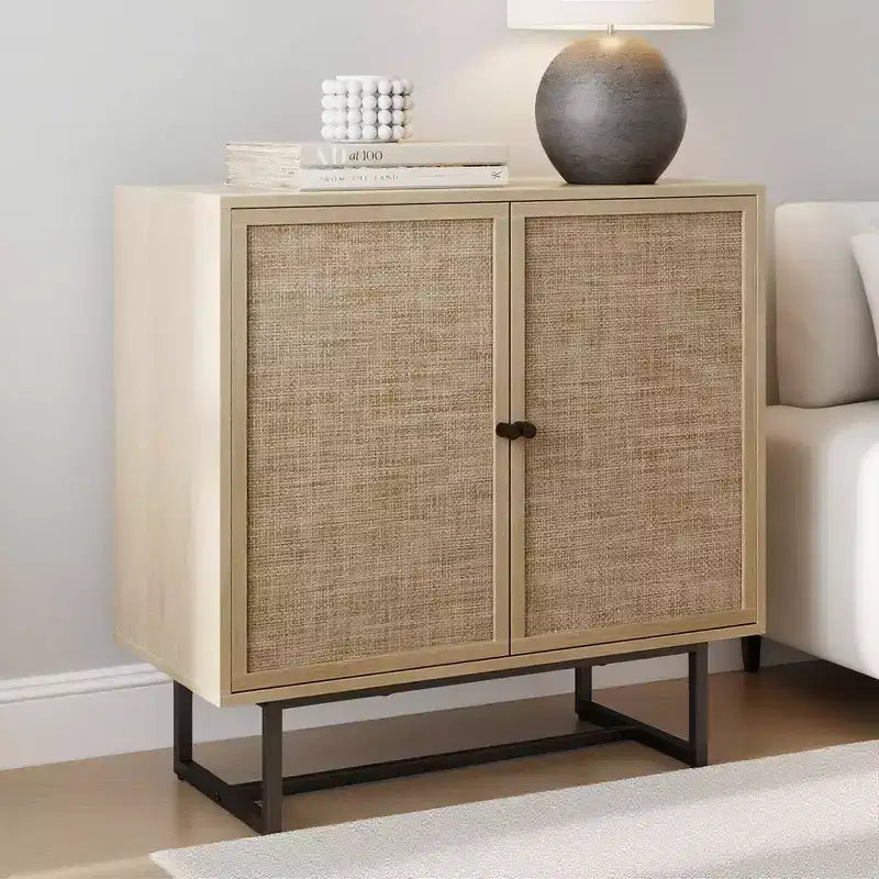 Meuble de rangement en bois et rotin avec portes, étagère de rangement à 2 niveaux de 80 cm de large, meuble de garde-manger autoportant