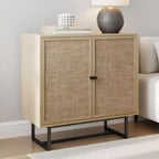 Meuble de rangement en bois et rotin avec portes, étagère de rangement à 2 niveaux de 80 cm de large, meuble de garde-manger autoportant