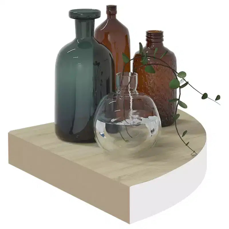 Étagère d'angle murale chêne et MDF nid d'abeille blanc, métal compacte