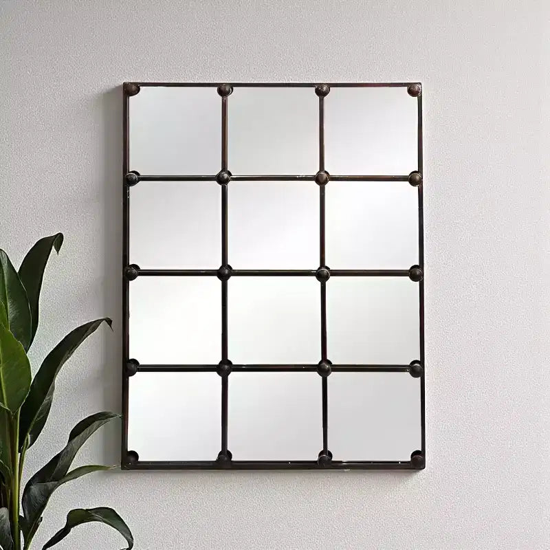 Slickblue Miroir mural rectangulaire en fonte 27,5 marron 12 panneaux à grille miroir décoratif industriel-rustique