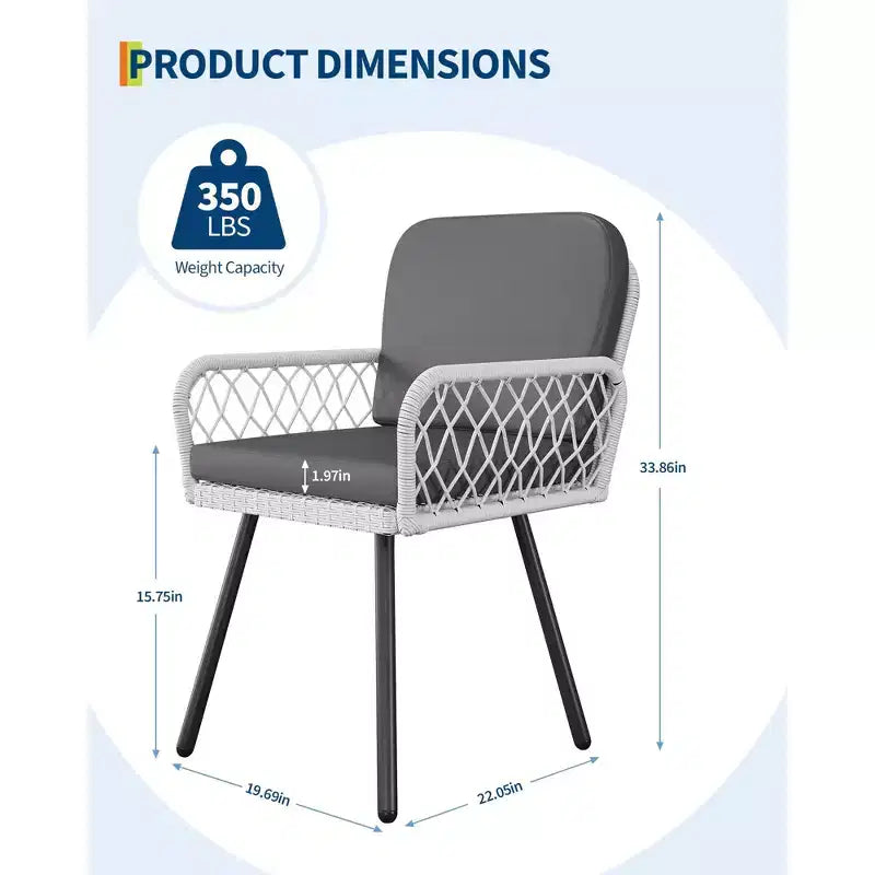 Lot de 4 chaises de patio avec cadre en métal noir, rotin tressé blanc et coussins pour jardin, balcon, patio, arrière-cour