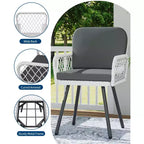 Lot de 4 chaises de patio avec cadre en métal noir, rotin tressé blanc et coussins pour jardin, balcon, patio, arrière-cour