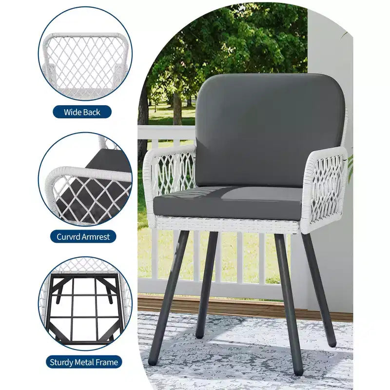 Lot de 4 chaises de patio avec cadre en métal noir, rotin tressé blanc et coussins pour jardin, balcon, patio, arrière-cour