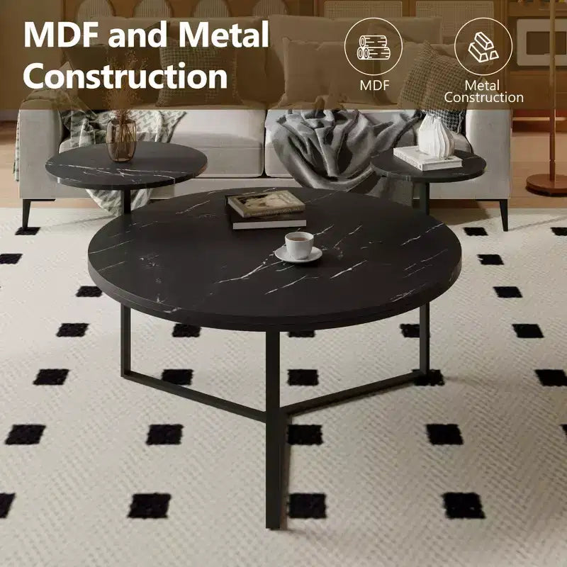 Table basse avec surfaces imitation marbre et base inspirée d'un trépied, table d'appoint moderne avec 2 étagères de présentation, table basse ronde pour chambre à coucher