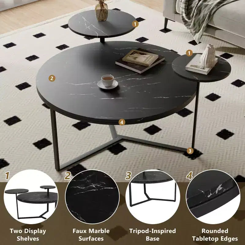 Table basse avec surfaces imitation marbre et base inspirée d'un trépied, table d'appoint moderne avec 2 étagères de présentation, table basse ronde pour chambre à coucher