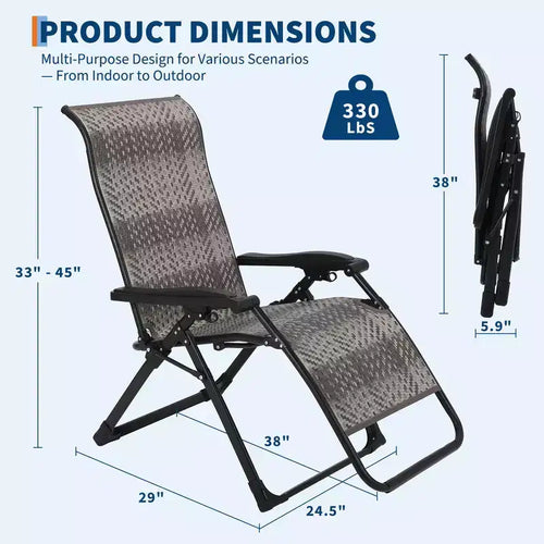 1 PCS Patio Rattan Reclining Folding Chair, Adjustable & Portable Lounge Chair, Iron Pipe Frame