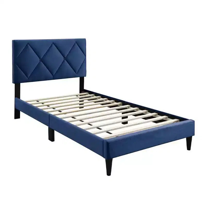 Lit Jumeau Royal Hampton, Revêtement en Velours Bleu Marine Capitoué, Surpiqûres en Losange