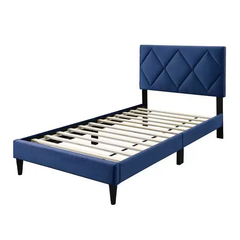 Lit Jumeau Royal Hampton, Revêtement en Velours Bleu Marine Capitoué, Surpiqûres en Losange