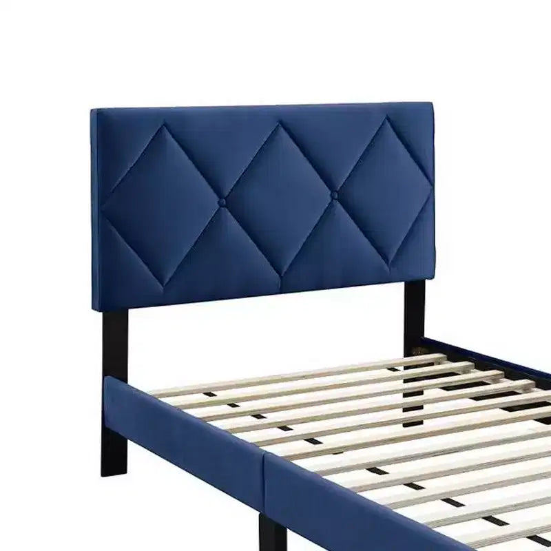 Lit Jumeau Royal Hampton, Revêtement en Velours Bleu Marine Capitoué, Surpiqûres en Losange