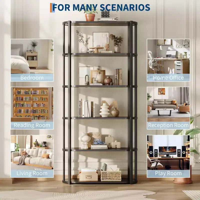 Étagère haute en bois à 6 niveaux, organisateur de bibliothèque industriel avec cadre métallique, étagères de rangement autoportantes pour bureau à domicile, salon ou chambre à coucher.