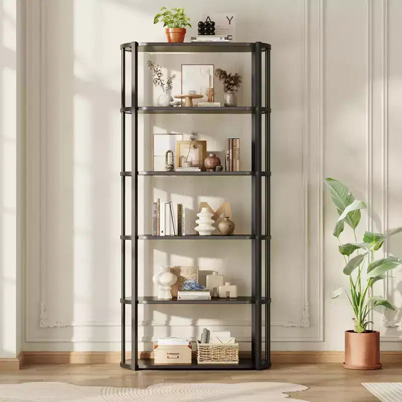 Étagère haute en bois à 6 niveaux, organisateur de bibliothèque industriel avec cadre métallique, étagères de rangement autoportantes pour bureau à domicile, salon ou chambre à coucher.