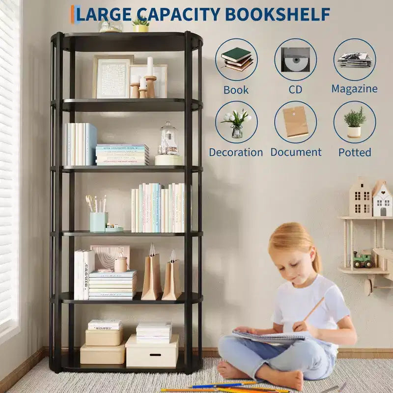 Étagère haute en bois à 6 niveaux, organisateur de bibliothèque industriel avec cadre métallique, étagères de rangement autoportantes pour bureau à domicile, salon ou chambre à coucher.