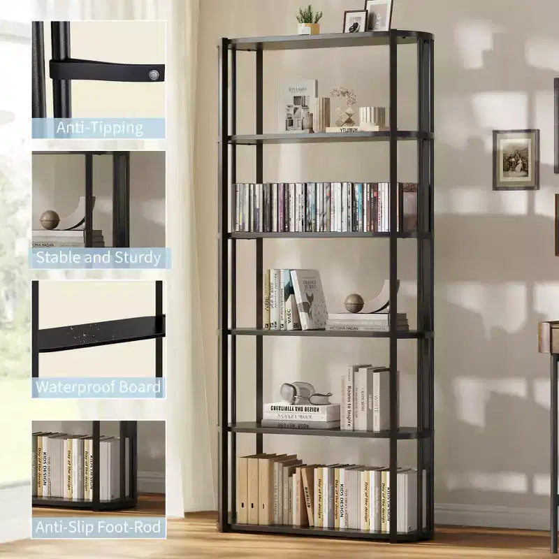 Étagère haute en bois à 6 niveaux, organisateur de bibliothèque industriel avec cadre métallique, étagères de rangement autoportantes pour bureau à domicile, salon ou chambre à coucher.