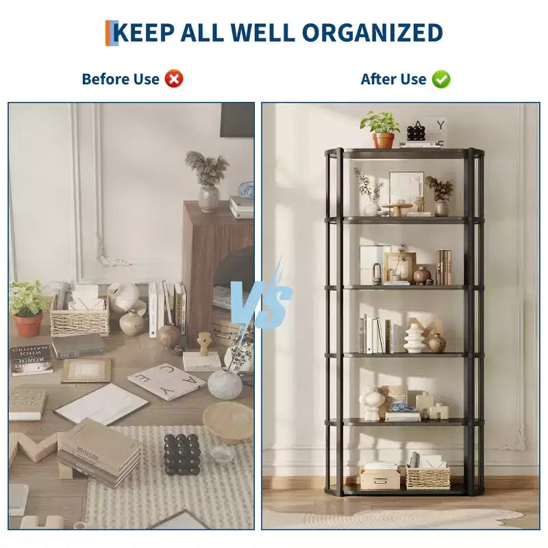 Étagère haute en bois à 6 niveaux, organisateur de bibliothèque industriel avec cadre métallique, étagères de rangement autoportantes pour bureau à domicile, salon ou chambre à coucher.