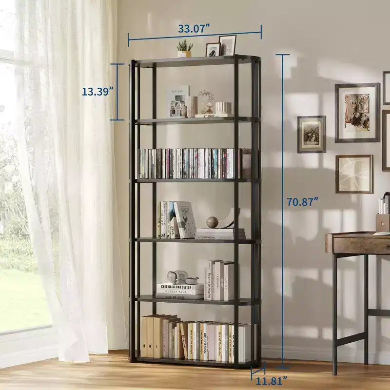 Étagère haute en bois à 6 niveaux, organisateur de bibliothèque industriel avec cadre métallique, étagères de rangement autoportantes pour bureau à domicile, salon ou chambre à coucher.