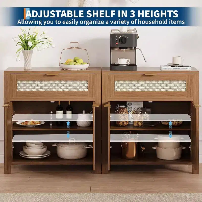 Buffet commode avec portes et tiroir en rotin – Meuble de rangement étroit pour entrée, console multifonctionnelle pour salon