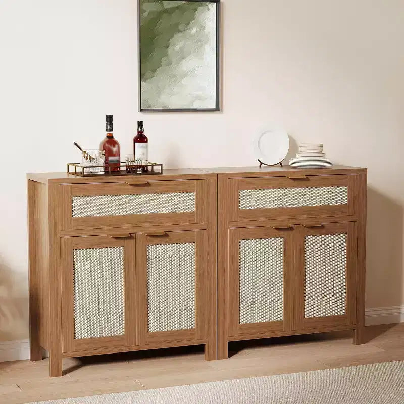Buffet commode avec portes et tiroir en rotin – Meuble de rangement étroit pour entrée, console multifonctionnelle pour salon