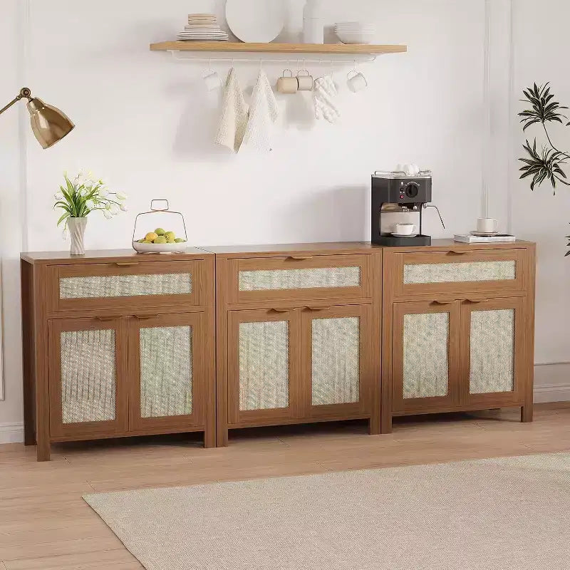 Buffet commode avec portes et tiroir en rotin – Meuble de rangement étroit pour entrée, console multifonctionnelle pour salon