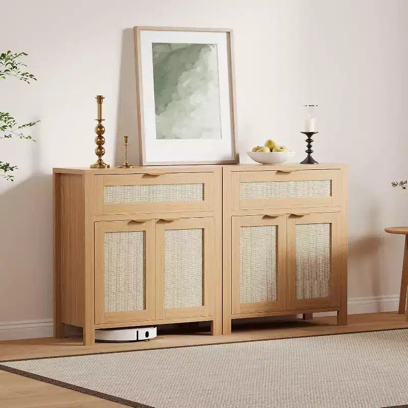 Buffet commode avec portes et tiroir en rotin – Meuble de rangement étroit pour entrée, console multifonctionnelle pour salon