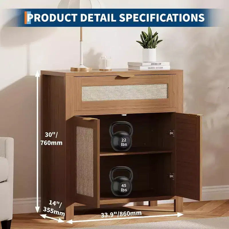 Buffet commode avec portes et tiroir en rotin – Meuble de rangement étroit pour entrée, console multifonctionnelle pour salon