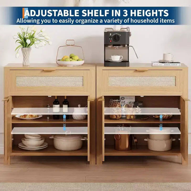 Buffet commode avec portes et tiroir en rotin – Meuble de rangement étroit pour entrée, console multifonctionnelle pour salon