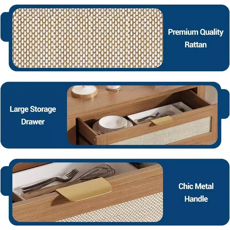 Buffet commode avec portes et tiroir en rotin – Meuble de rangement étroit pour entrée, console multifonctionnelle pour salon