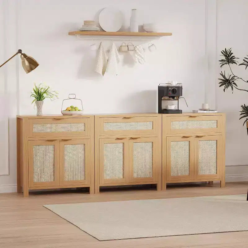 Buffet commode avec portes et tiroir en rotin – Meuble de rangement étroit pour entrée, console multifonctionnelle pour salon