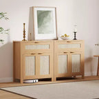 Buffet commode avec portes et tiroir en rotin – Meuble de rangement étroit pour entrée, console multifonctionnelle pour salon