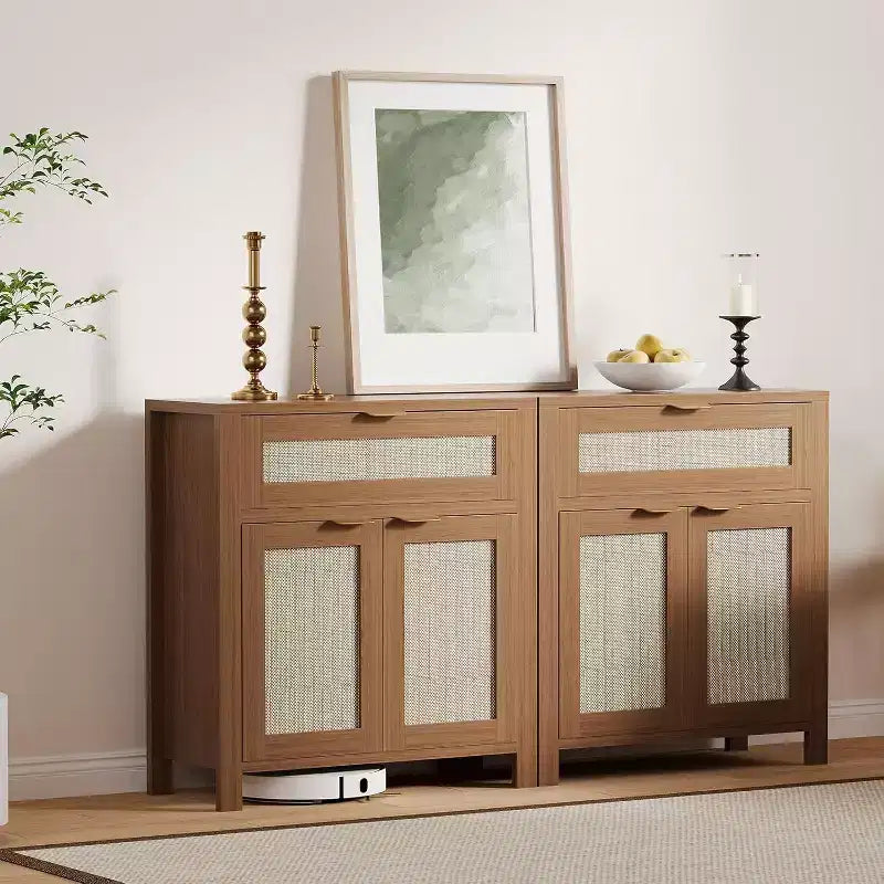 Buffet commode avec portes et tiroir en rotin – Meuble de rangement étroit pour entrée, console multifonctionnelle pour salon