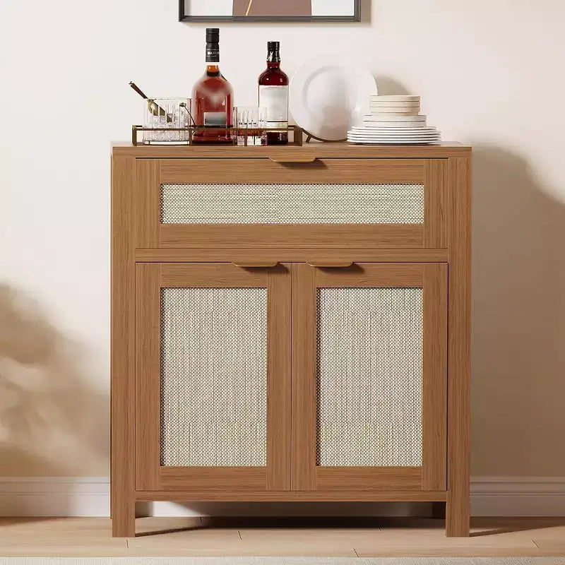 Sideboard Buffet Cabinet with Rattan Doors & Drawer  Narrow Entryway Storage Cabinet, Multi-Functional Console Table for Living Room
