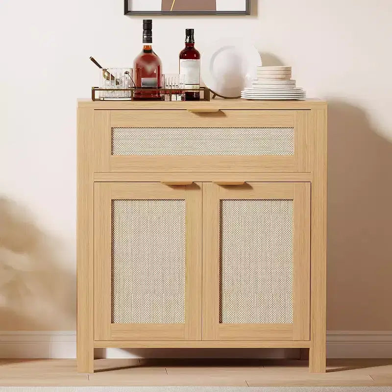 Buffet commode avec portes et tiroir en rotin – Meuble de rangement étroit pour entrée, console multifonctionnelle pour salon